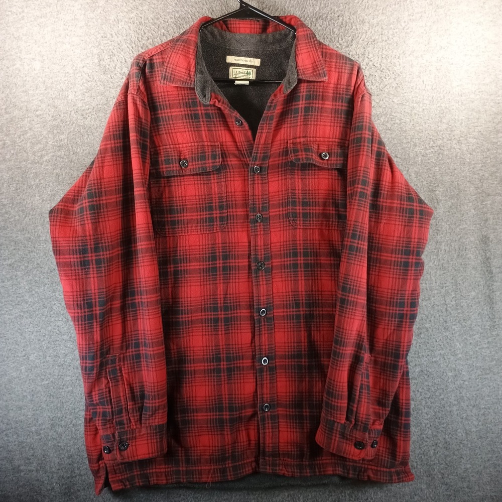 LL Bean Fleece Lined Red Flannel‎ Shacket Jacket Men LT Traditional Fit
